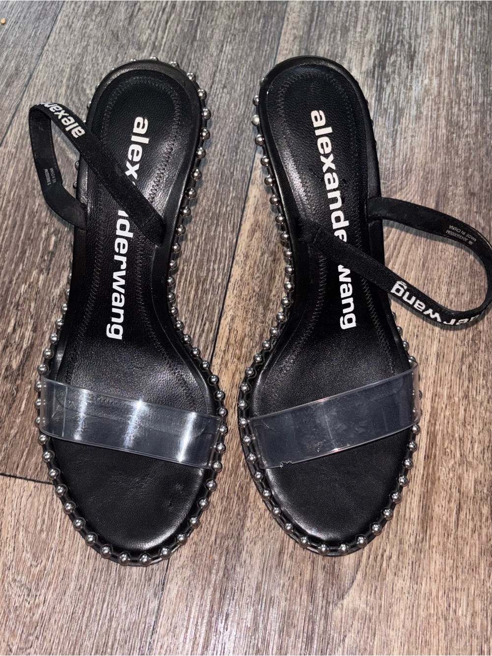 Alexander Wang Black Nova Studded Clear Strap Sandal Heels - Size 38/7.5